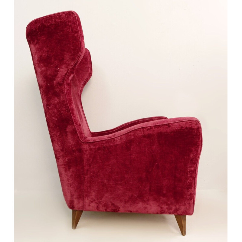 Large vintage red velvet armchair with high italian backrest 1950