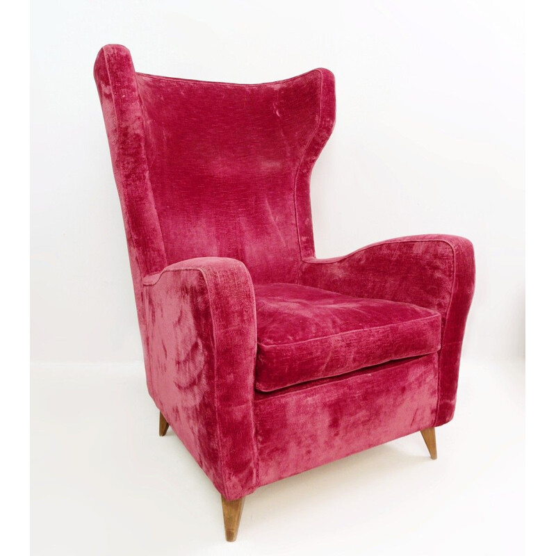 Large vintage red velvet armchair with high italian backrest 1950