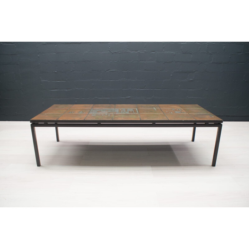 Large vintage Etched Artist Copper and Metal Coffee Table, 1950s