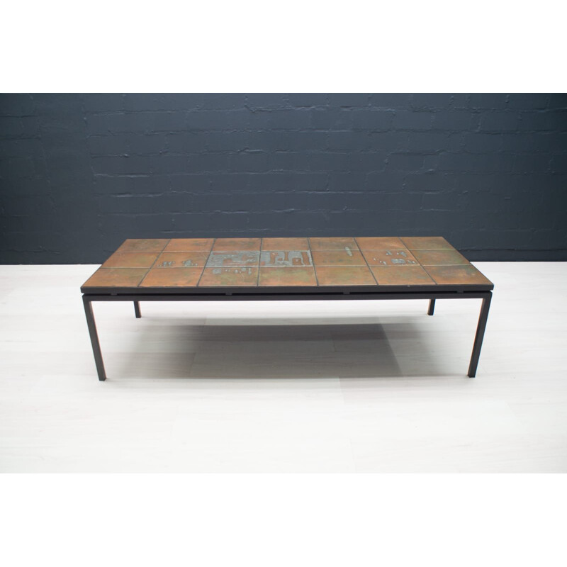 Large vintage Etched Artist Copper and Metal Coffee Table, 1950s