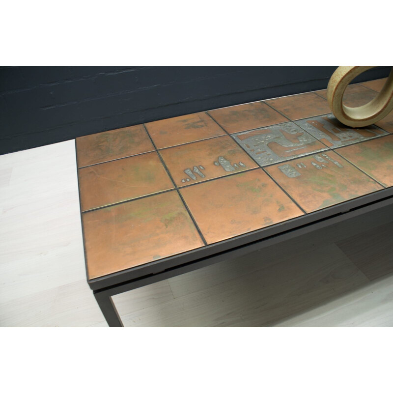 Large vintage Etched Artist Copper and Metal Coffee Table, 1950s