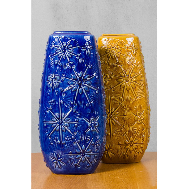 Pair of vintage Ceramic Vases in Blue and Ochre German 1970s