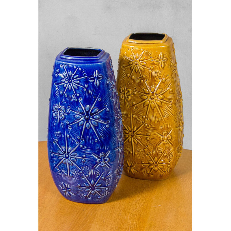 Pair of vintage Ceramic Vases in Blue and Ochre German 1970s