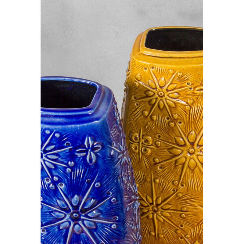 Pair of vintage Ceramic Vases in Blue and Ochre German 1970s