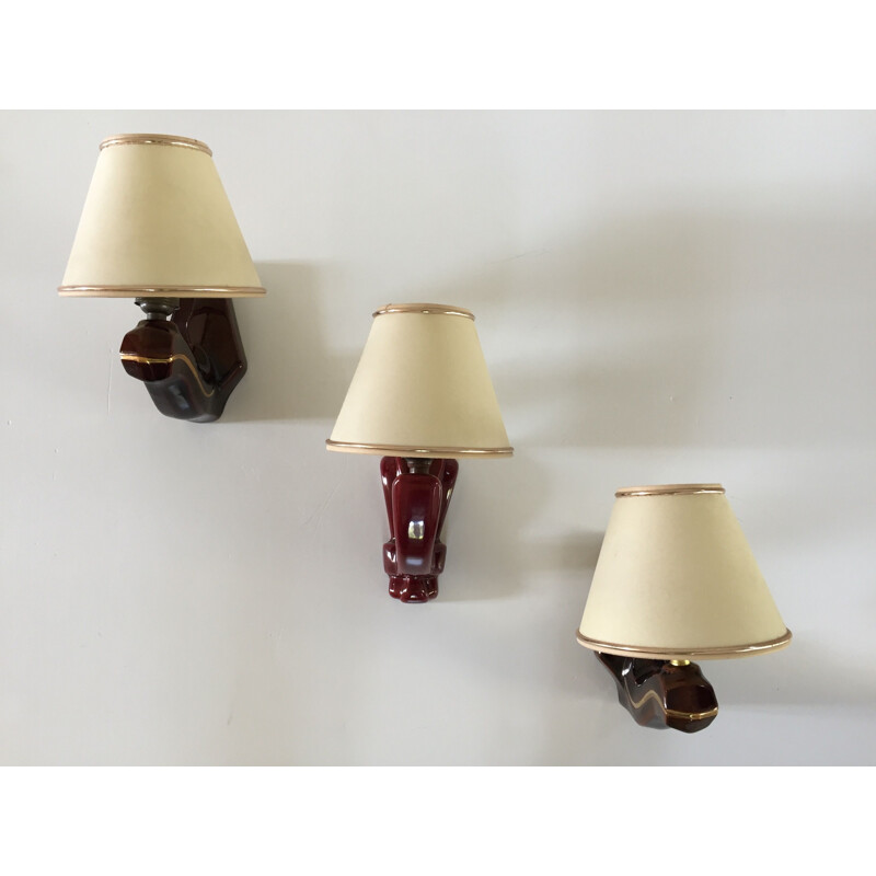 Trio of vintage Chic Françaises enamelled Ceramic Wall Sconces 1940