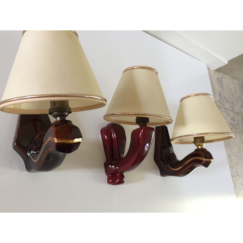 Trio of vintage Chic Françaises enamelled Ceramic Wall Sconces 1940