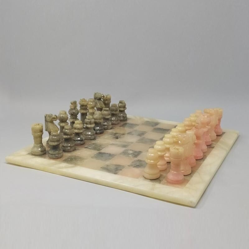 Vintage Chess Set in Alabaster Handmade Italian 1960s
