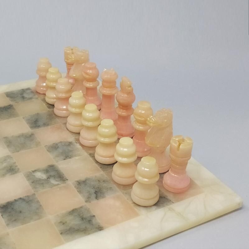 Vintage Chess Set in Alabaster Handmade Italian 1960s