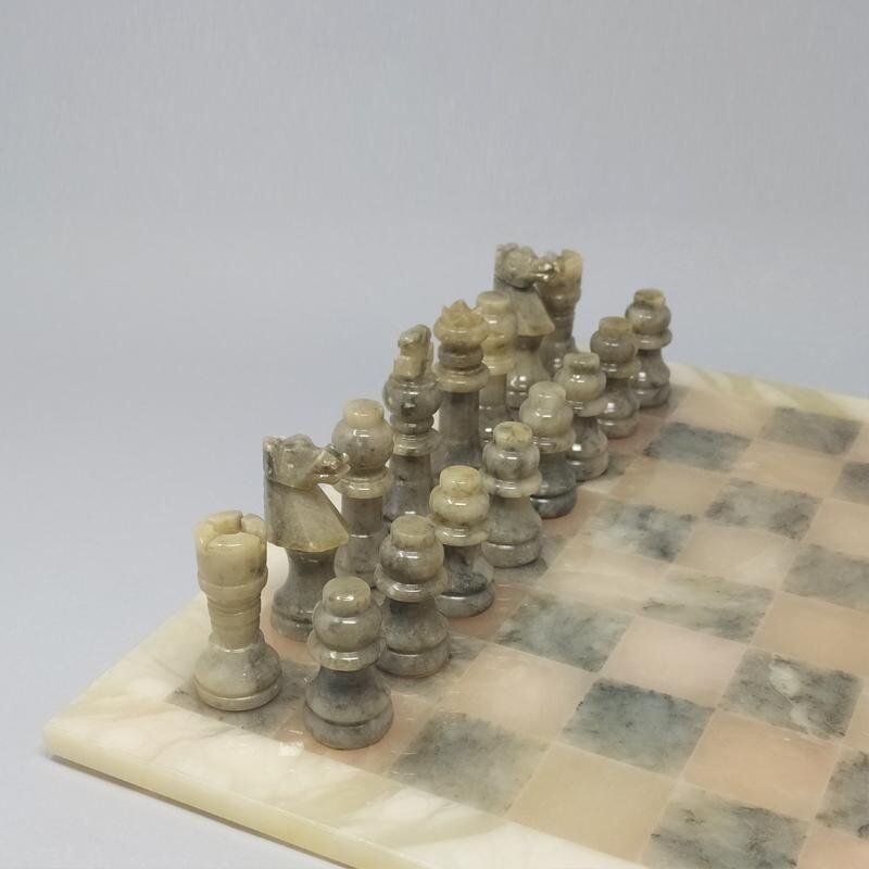 Vintage Chess Set in Alabaster Handmade Italian 1960s