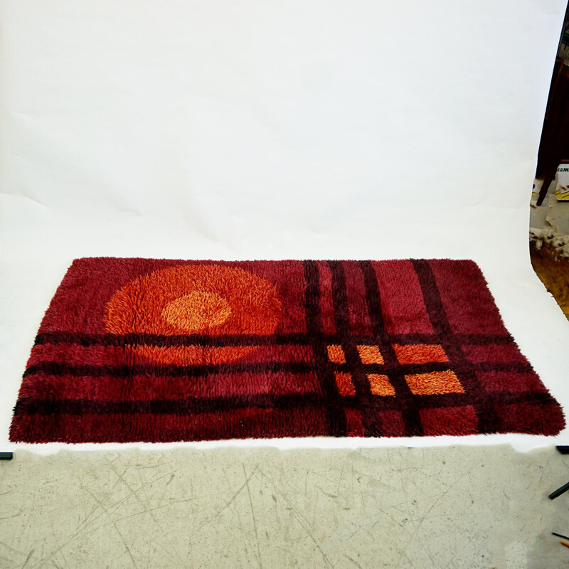 Vintage Red  Wool Rya Rug Danish