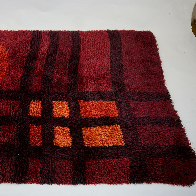 Vintage Red  Wool Rya Rug Danish