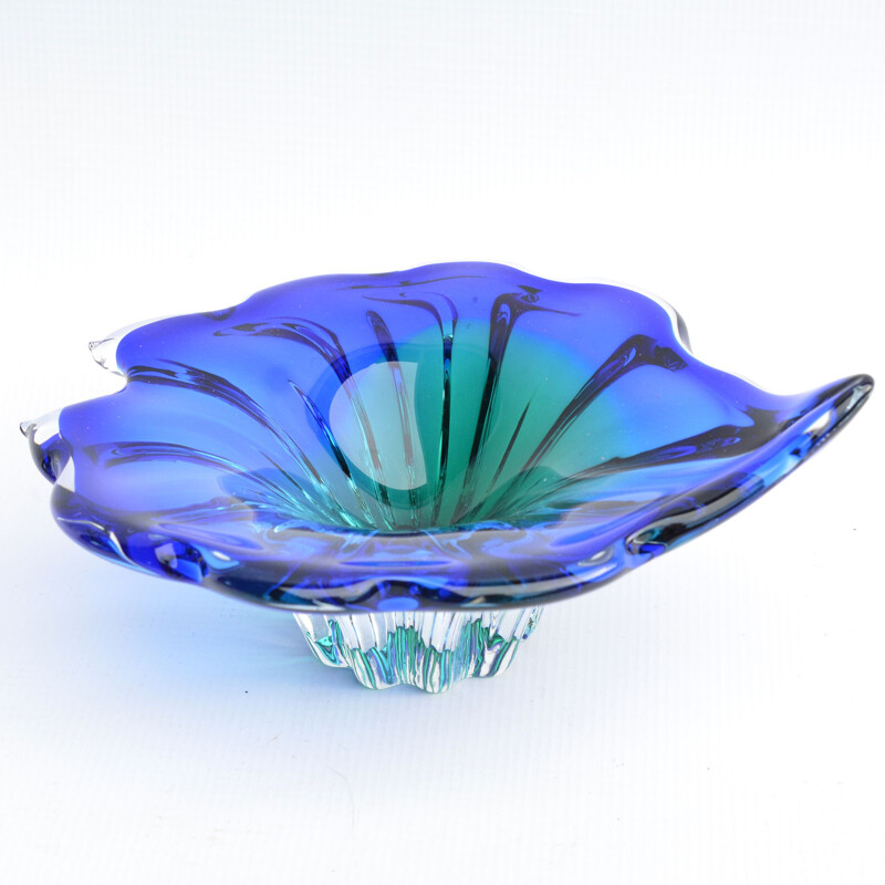 Vintage Blue-green glass bowl designed by J. Hospodka, Chribska Sklarna, Czechoslovakia, 1960s