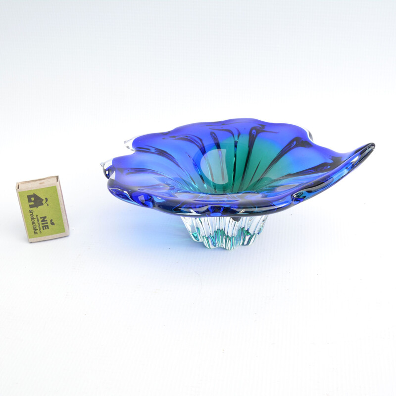 Vintage Blue-green glass bowl designed by J. Hospodka, Chribska Sklarna, Czechoslovakia, 1960s