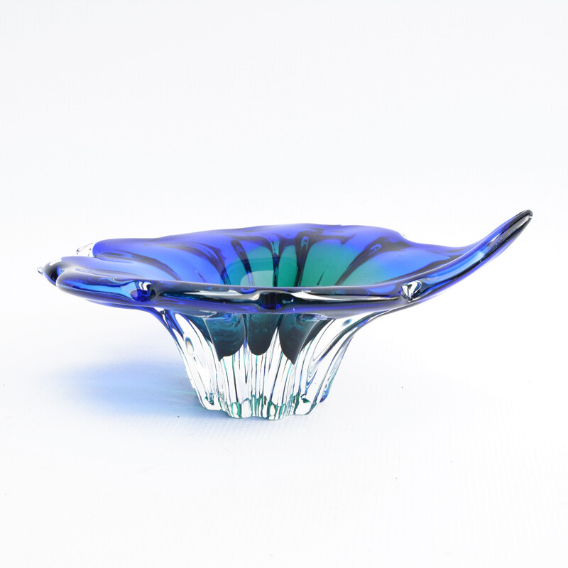 Vintage Blue-green glass bowl designed by J. Hospodka, Chribska Sklarna, Czechoslovakia, 1960s