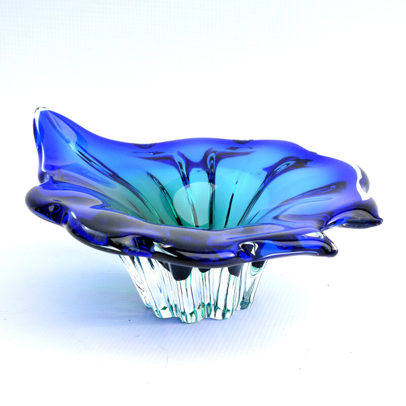 Vintage Blue-green glass bowl designed by J. Hospodka, Chribska Sklarna, Czechoslovakia, 1960s