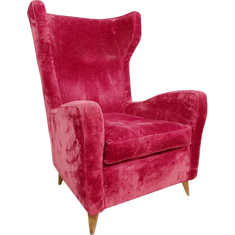 Large vintage red velvet armchair with high italian backrest 1950
