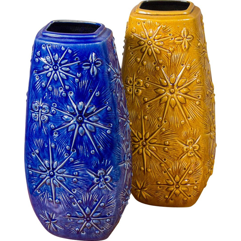 Pair of vintage Ceramic Vases in Blue and Ochre German 1970s