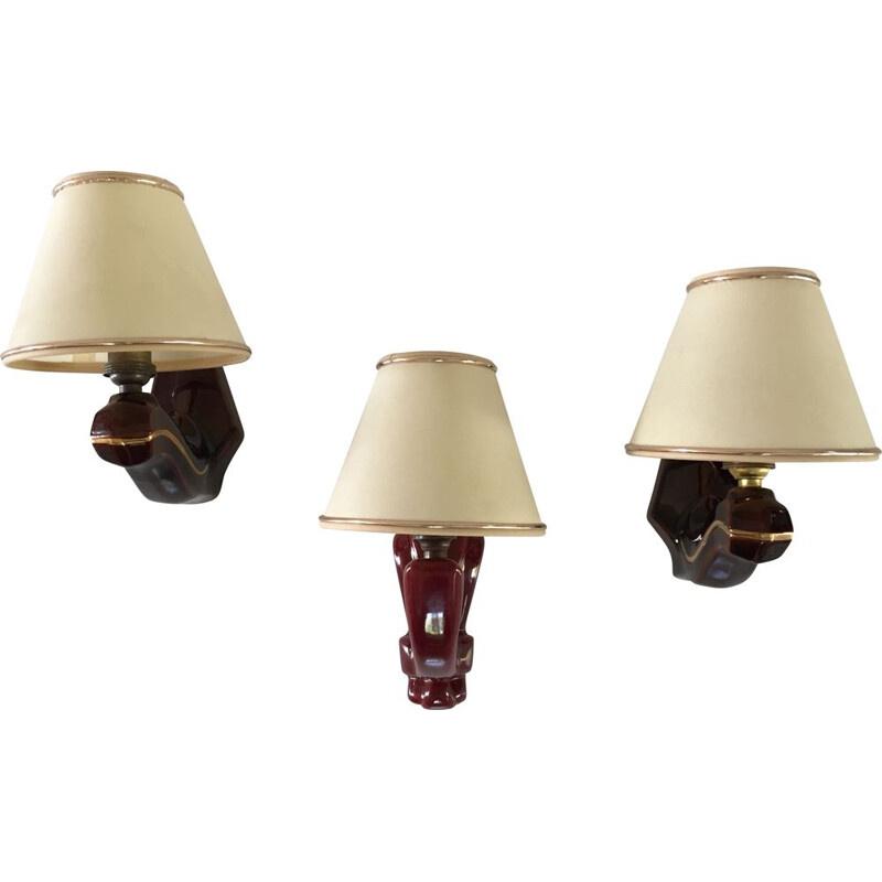 Trio of vintage Chic Françaises enamelled Ceramic Wall Sconces 1940