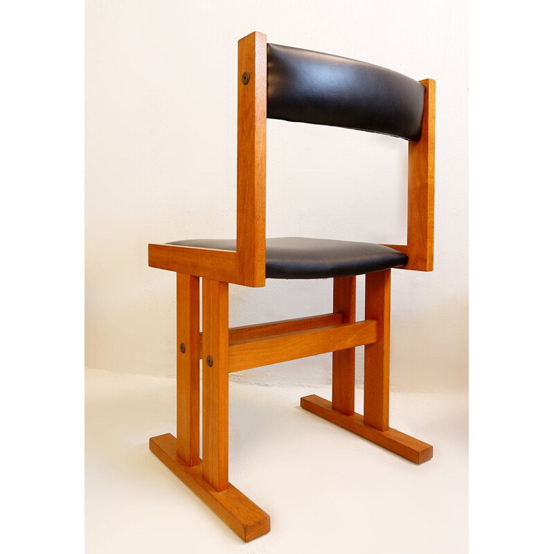 Set Of 6 Vintage Chairs Solid Teak And Black Leatherette Scandinavian 