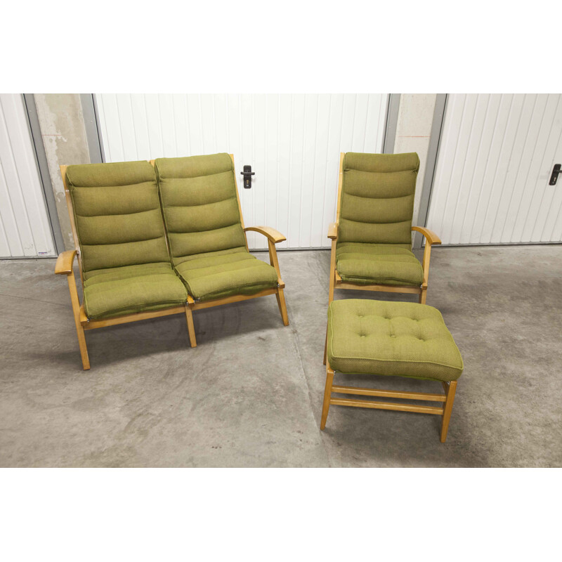 Juego de sala de estar vintage de envergadura libre sofá sillón y reposapiés verde 1954
