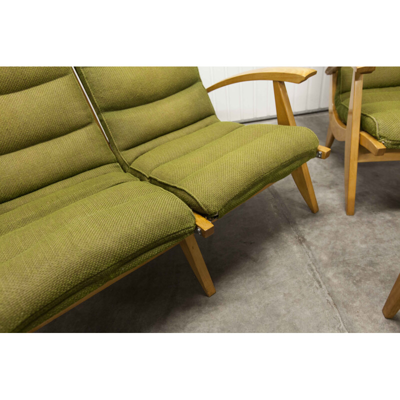 Set da salotto vintage a campata libera divano poltrona e poggiapiedi verde 1954