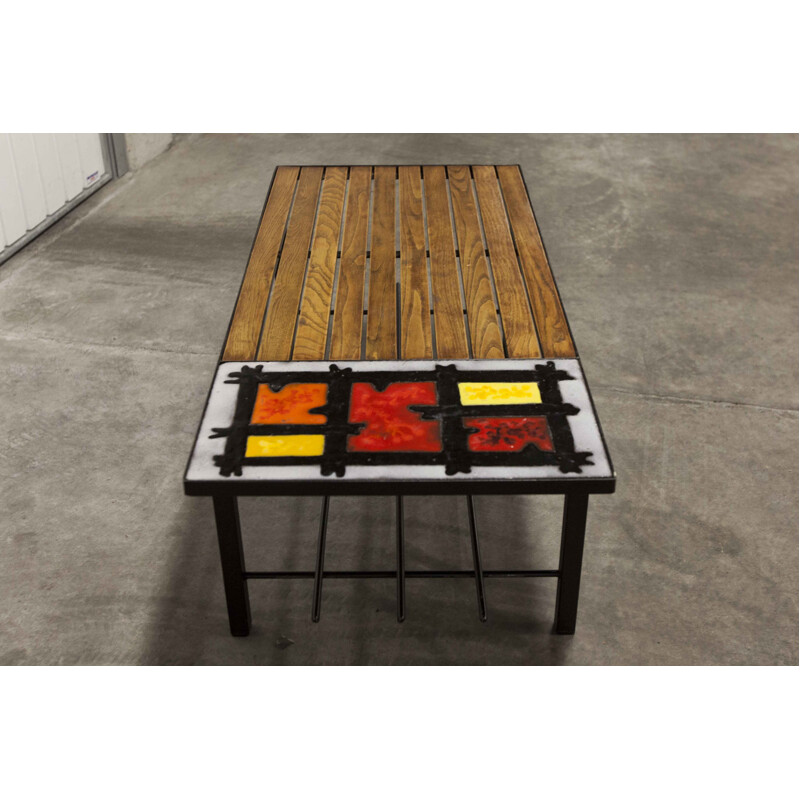 Vintage teak lava stone enamelled coffee table 1965
