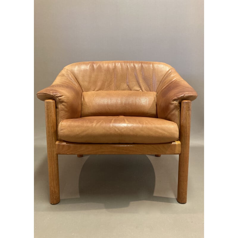 Fauteuil vintage teck et cuir scandinave 1960