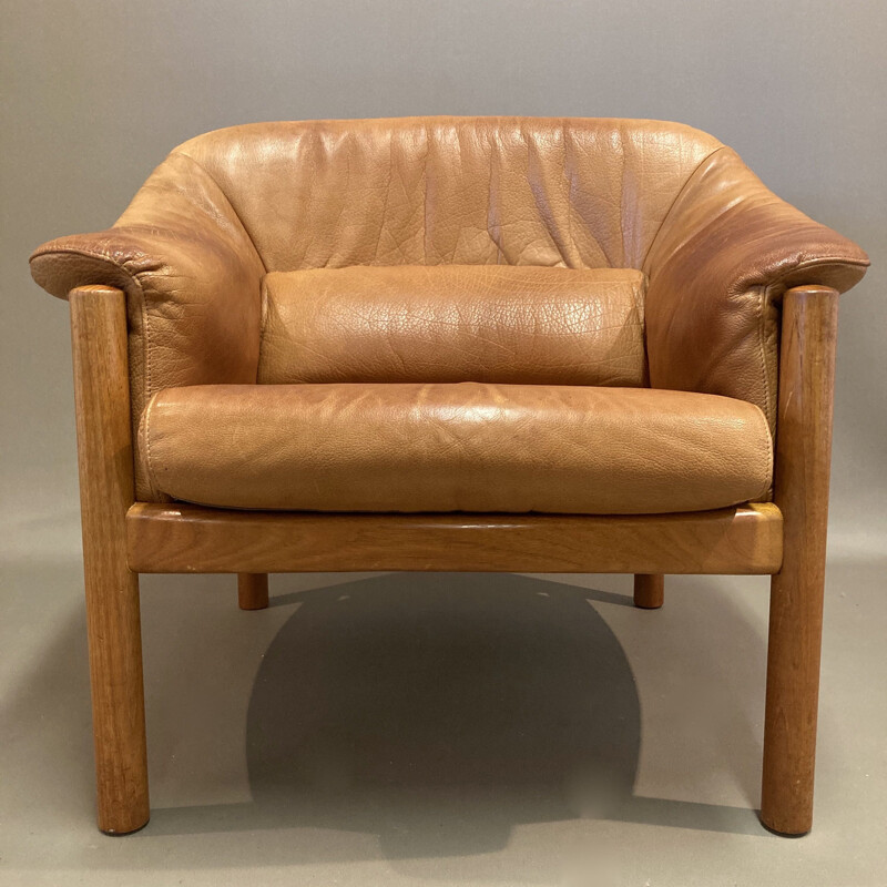 Fauteuil vintage teck et cuir scandinave 1960