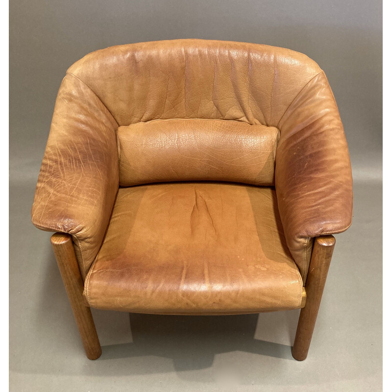 Fauteuil vintage teck et cuir scandinave 1960