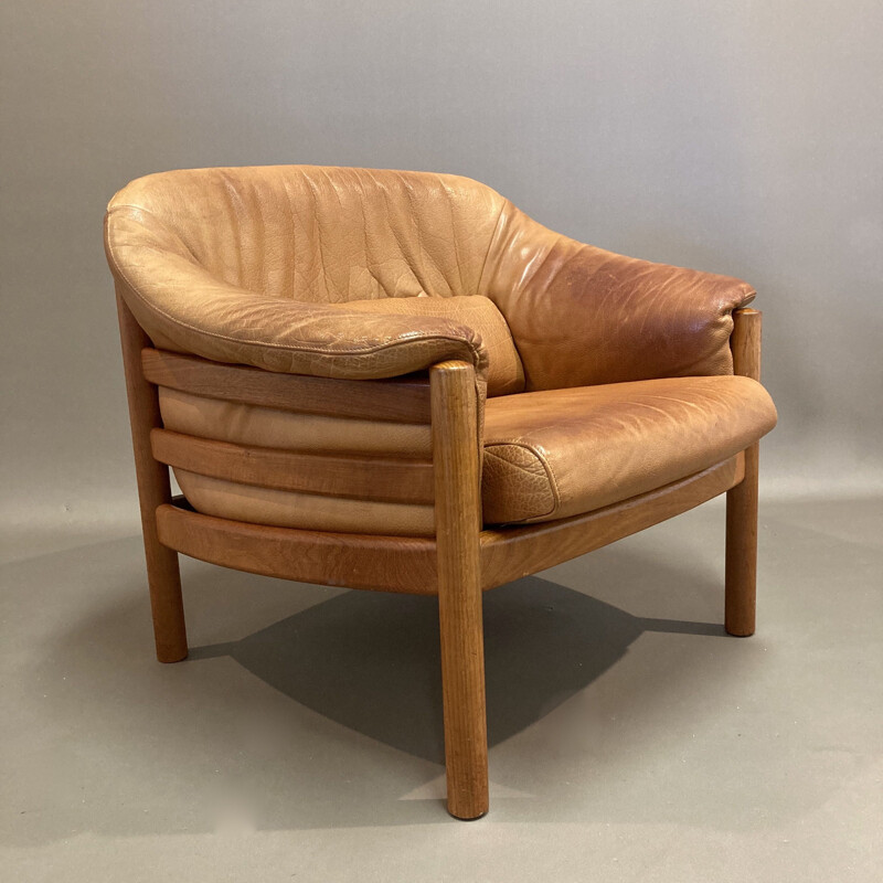 Fauteuil vintage teck et cuir scandinave 1960