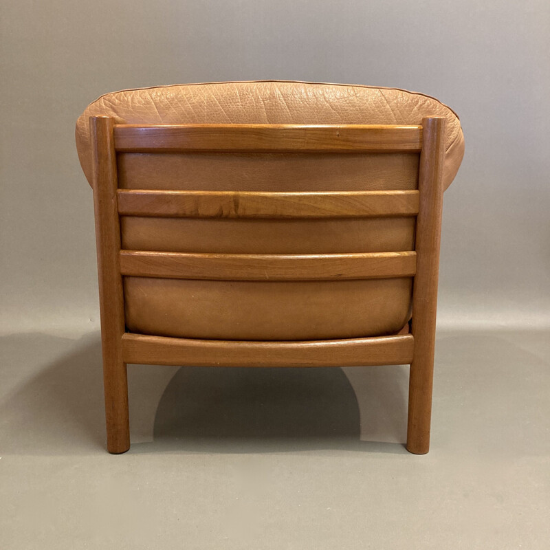 Fauteuil vintage teck et cuir scandinave 1960