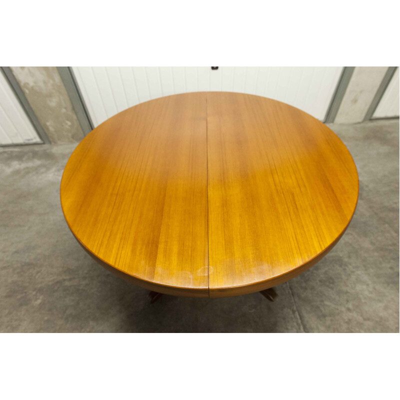 Vintage round oval transformable table samcom and Bramin solid teak and central leg 1965