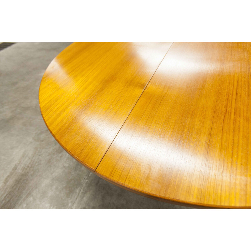 Vintage round oval transformable table samcom and Bramin solid teak and central leg 1965