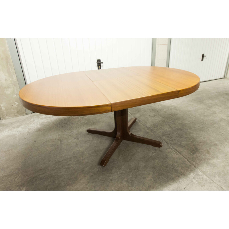 Vintage round oval transformable table samcom and Bramin solid teak and central leg 1965