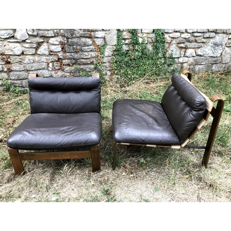 Pair of Vintage Brown Leather Brutalist Armchairs by Carl Straub 1960