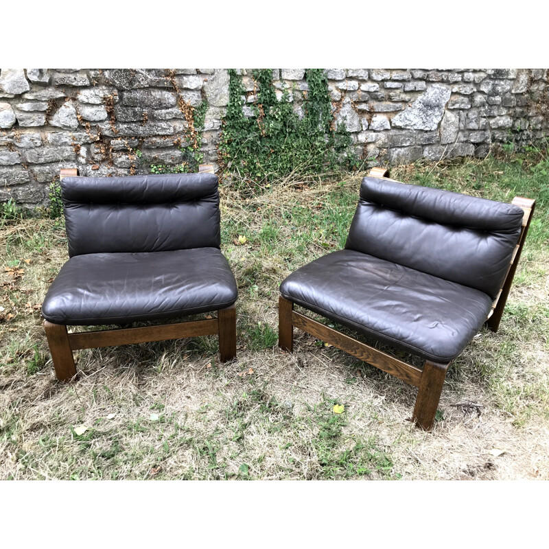 Pair of Vintage Brown Leather Brutalist Armchairs by Carl Straub 1960