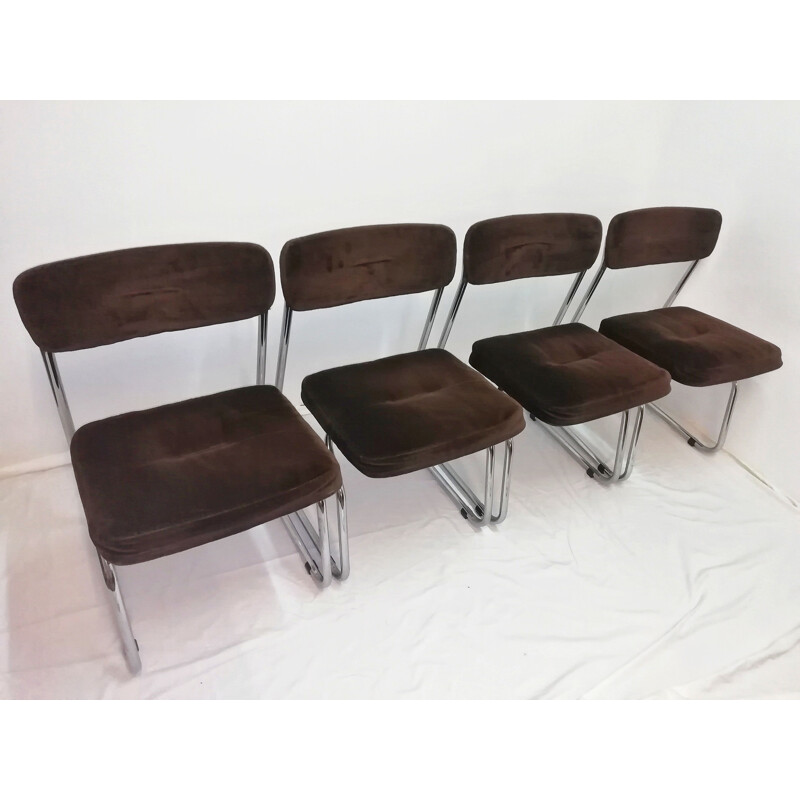 Set of 4 vintage chairs  Steelcase chrome and brown Cantilever 1970s 