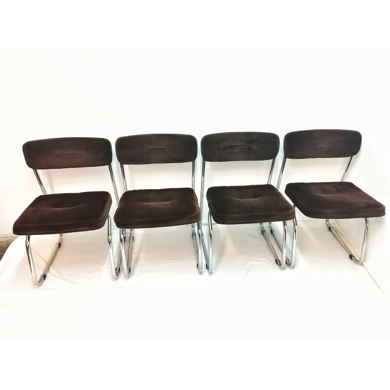 Lot de 4 chaises vintage Steelcase chromées et marron Cantilever 1970 