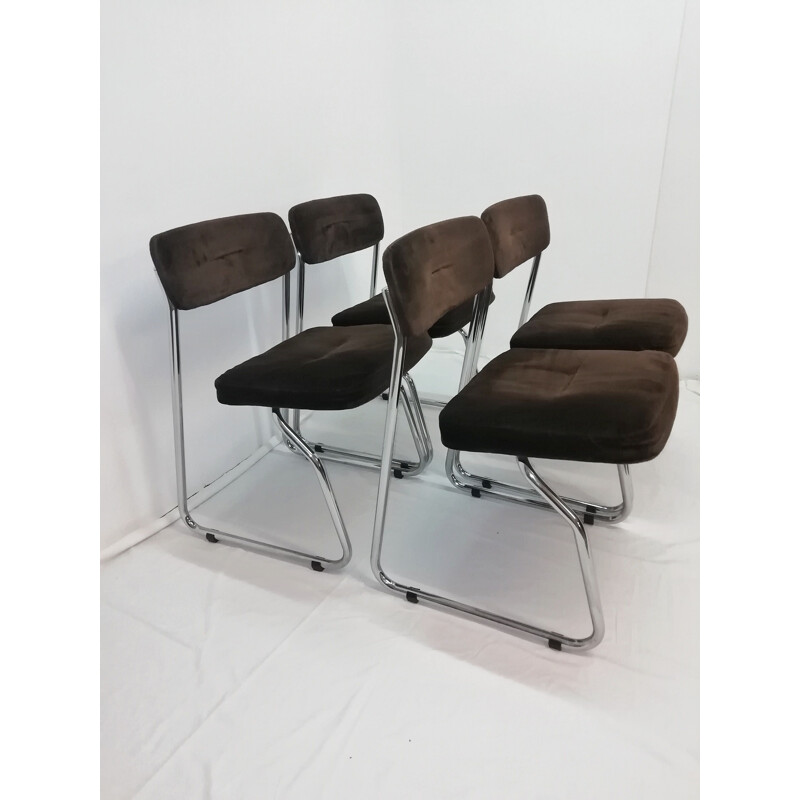 Set of 4 vintage chairs  Steelcase chrome and brown Cantilever 1970s 