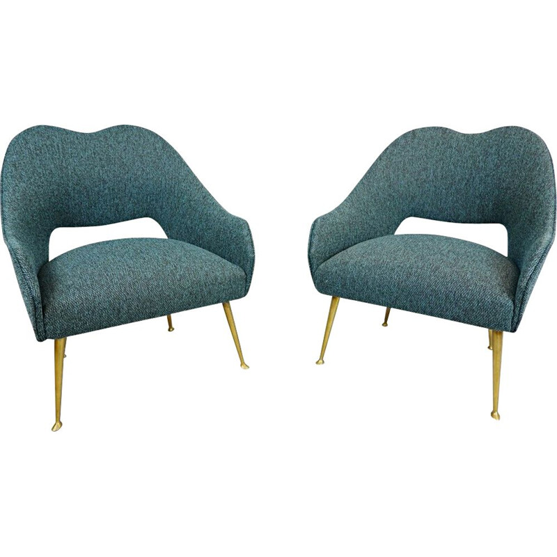  Pair of Vintage Italian Cocktail Armchairs, New upholstery