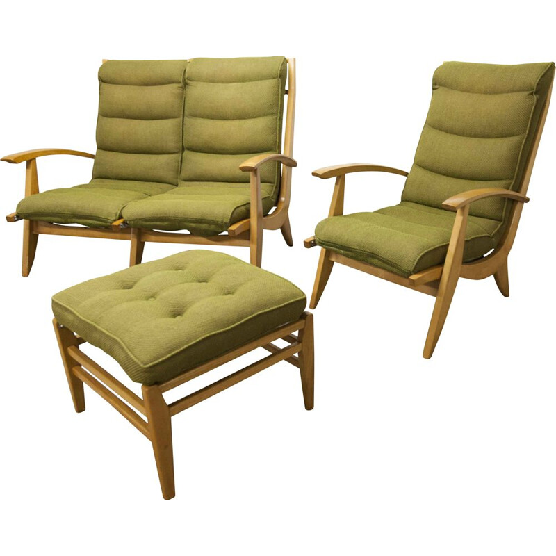 Set da salotto vintage a campata libera divano poltrona e poggiapiedi verde 1954