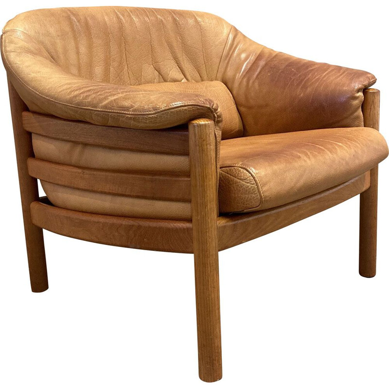 Vintage teak and Scandinavian leather armchair 1960