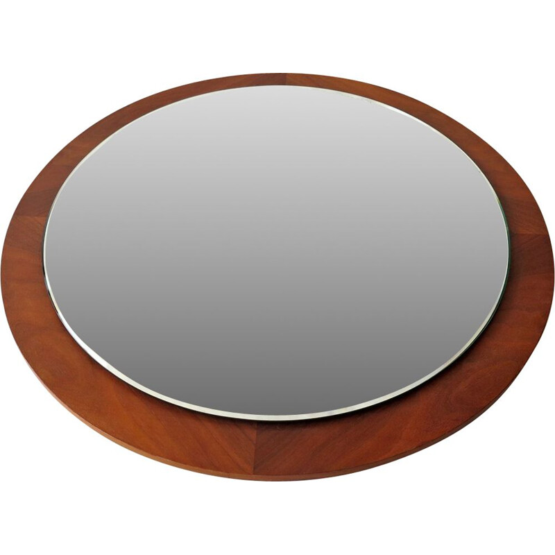 Miroir rond vintage à cadre en bois 1970