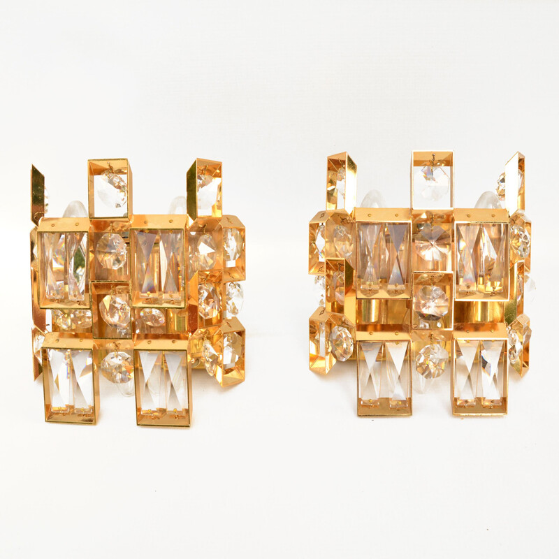 Coppia di appliques vintage in cristallo dorato di Palwa, Germania 1960
