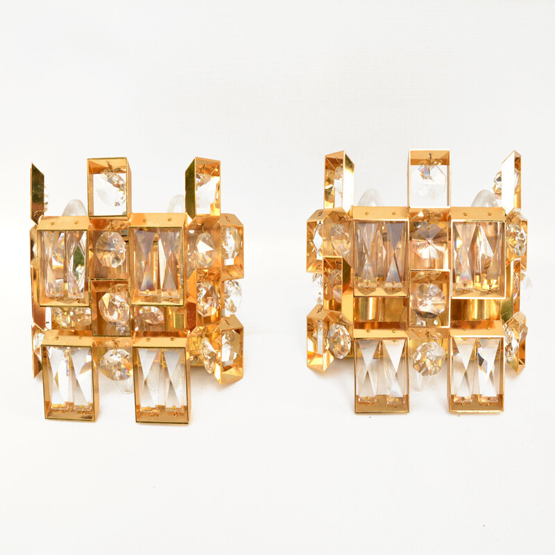 Pair of vintage gold crystal wall sconces by Palwa, Germany 1960