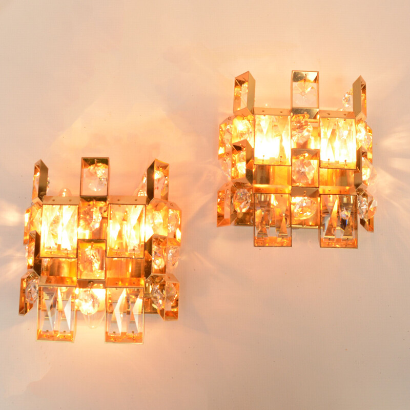 Pair of vintage gold crystal wall sconces by Palwa, Germany 1960