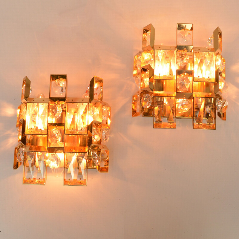 Paar vintage vergulde kristallen wandlampen van Palwa, Duitsland 1960