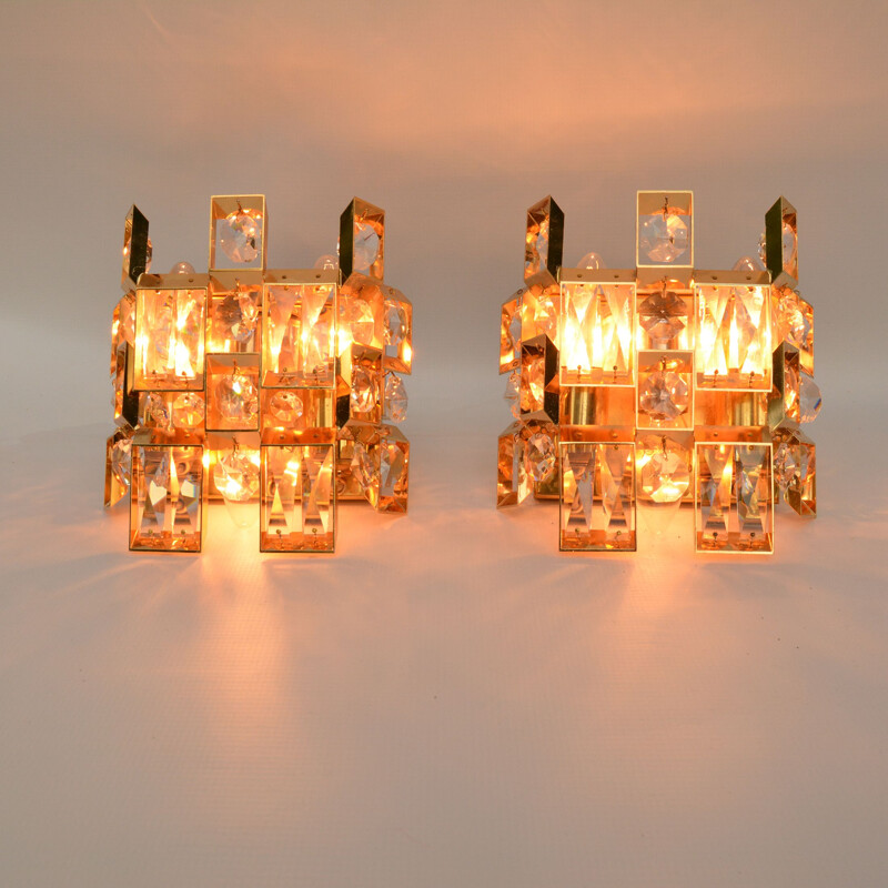 Pair of vintage gold crystal wall sconces by Palwa, Germany 1960