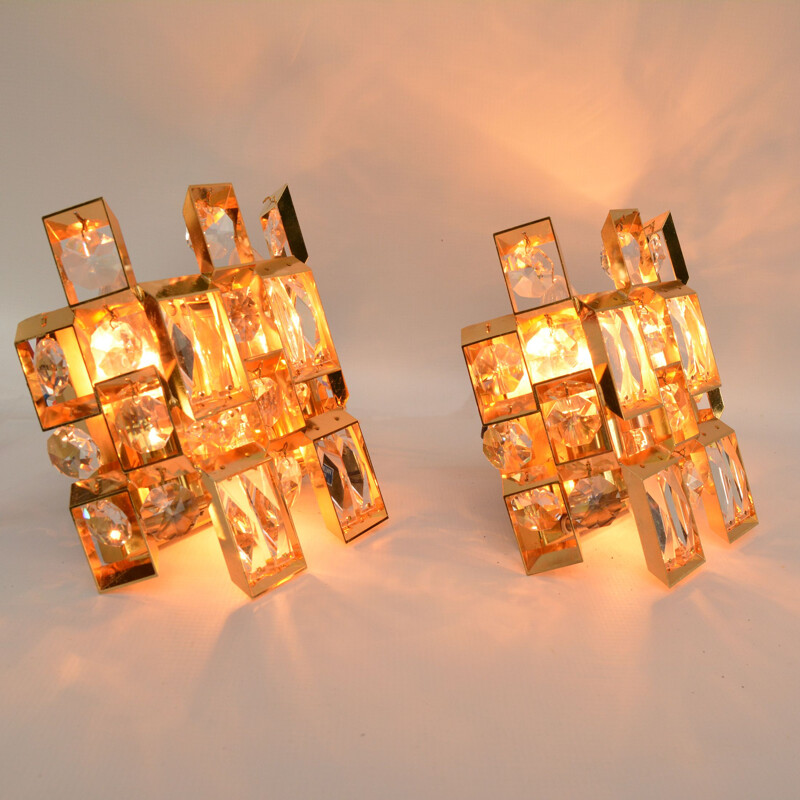Paar vintage vergulde kristallen wandlampen van Palwa, Duitsland 1960