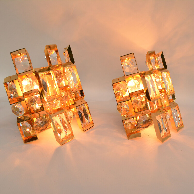 Pair of vintage gold crystal wall sconces by Palwa, Germany 1960